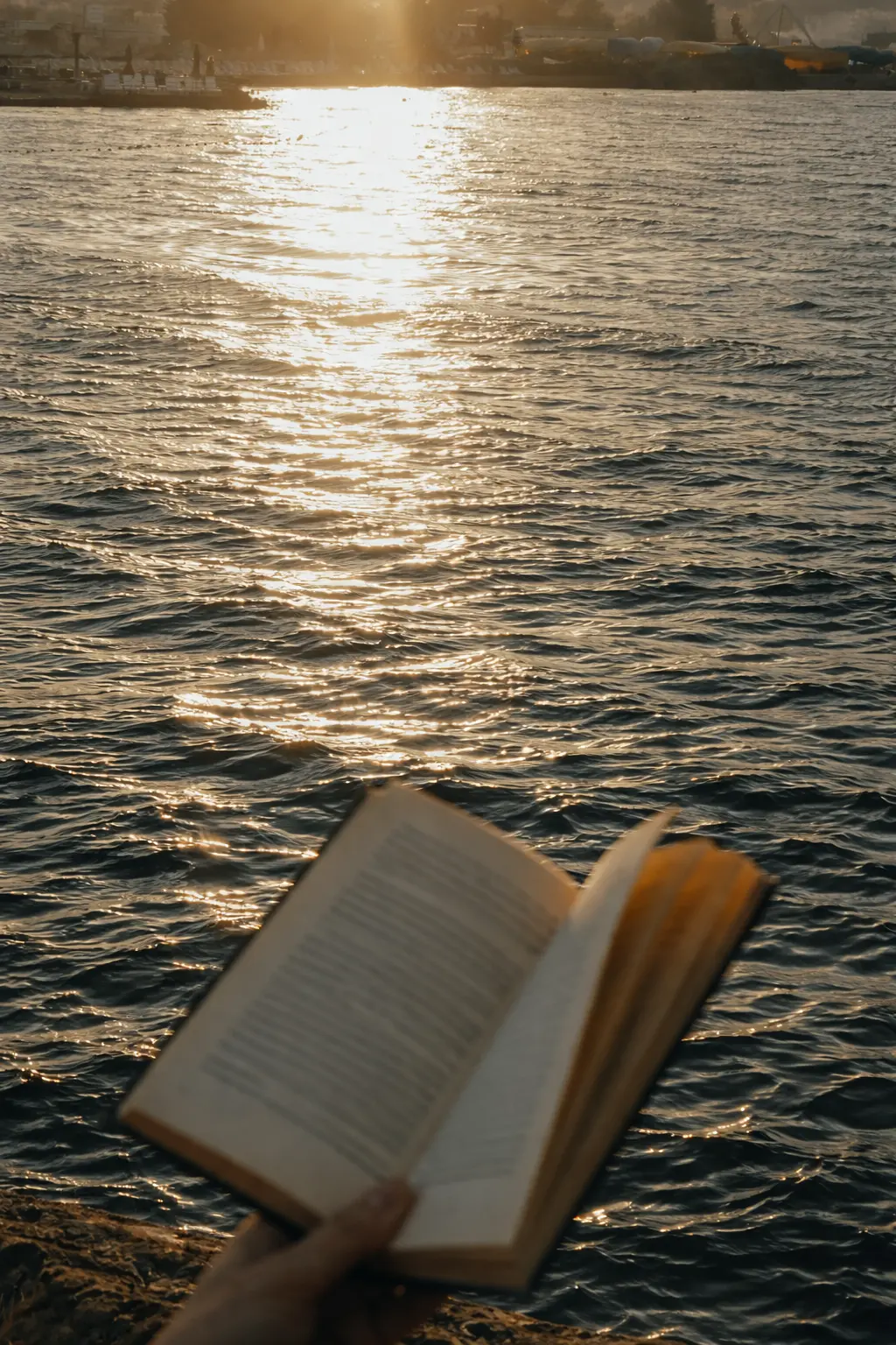 An open book held over the sea at sunset, light glinting on the water